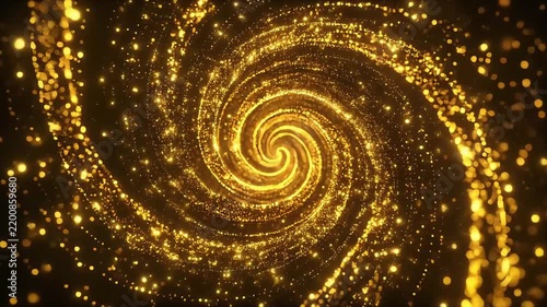 Golden glitter spiral vortex with glowing particle trails