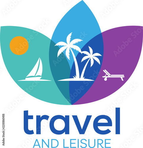 Travel and leisure logo design featuring palm trees, a sailboat, and a beach chair within colorful petal shapes
