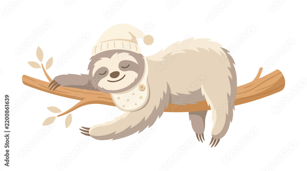 Obraz premium A cute cartoon sloth wearing a nightcap sleeps peacefully on a tree branch in this charming vector illustration.
