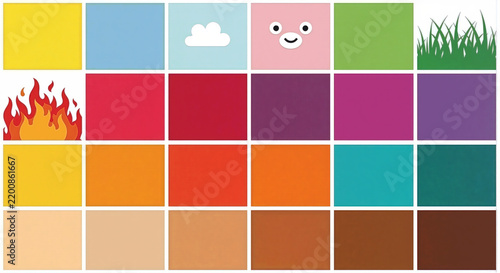 Colorful grid swatch collection with fire cloud grass and cute character icons arranged in neat vibrant square tiles