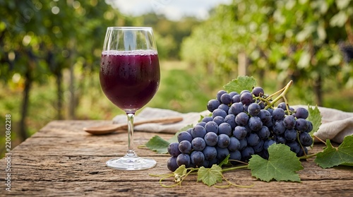 A chilled glass of fresh purple grape juice sits on a rustic wooden table next to a large bunch of ripe dark grapes with green leaves in a blurred vineyard setting during a sunny summer day