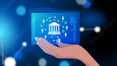 Digital illustration of AI technology in online banking, secure e-government network, and financial services on virtual tablet