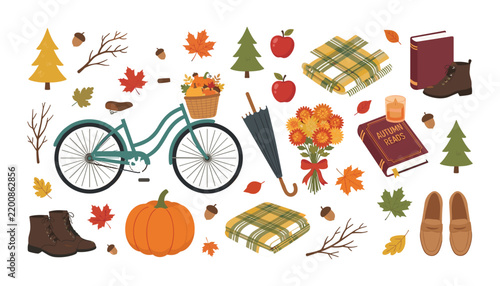 Cozy autumn season vector collection with bicycle pumpkin fall maple leaves warm blanket book and boots icon clip art