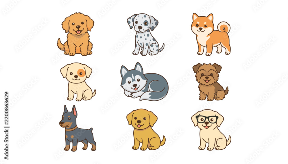 Fototapeta premium Cute dog breeds cartoon character vector icon collection with puppy sticker illustrations including husky shiba inu dalmatian retriever