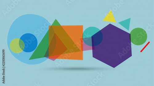 Abstract geometric shapes composition with colorful transparent circle triangle square and hexagon elements over blue background
