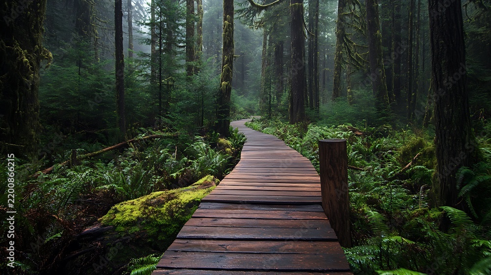 Fototapeta premium A wooden path winds through a misty, green forest.