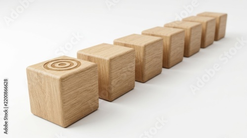 Wooden cubes aligned in a row with target symbol on first block representing process streamlining