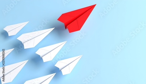 Red paper airplane flying ahead of a group of white paper airplanes, symbolizing leadership, innovation, ambition, and standing out from the crowd.