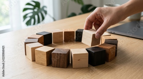Hand placing wooden cube in circle of mixed wood blocks on desk
