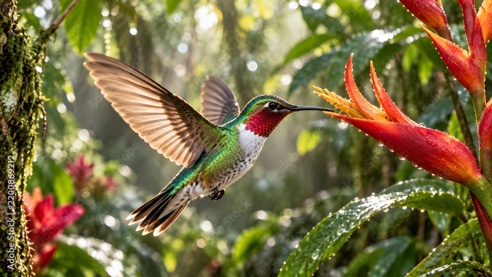 Fototapeta premium Hummingbird Feeding on Tropical Red Flowers.