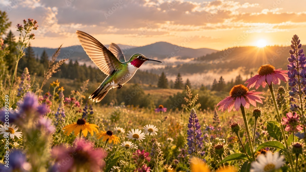 Fototapeta premium Hummingbird Flying Over Wildflower Meadow at Sunrise.