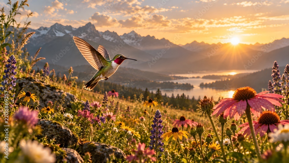 Fototapeta premium Hummingbird Flying Over Wildflower Meadow at Sunset.