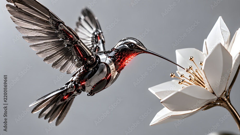 Fototapeta premium Mechanical Hummingbird Robot with White Flower.