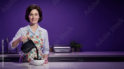Uncanny Housewife Pouring Black Liquid on Purple Background with Copy Space
