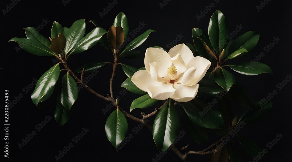 Obraz premium Single white magnolia flower with glossy green leaves on a branch isolated on black background