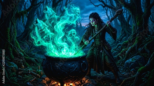 Witch brewing glowing green magic in cauldron inside dark forest.