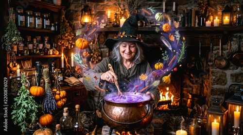 Elderly witch stirring purple glowing cauldron in magic shop.
