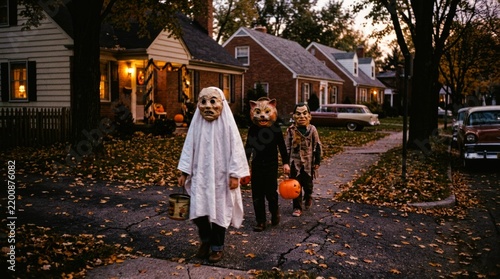 Children in Halloween costumes walking through suburban neighborhood street.