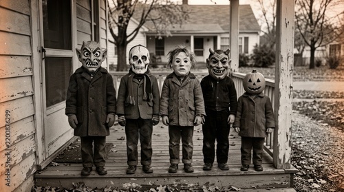Group of children wearing creepy vintage Halloween masks outdoors.