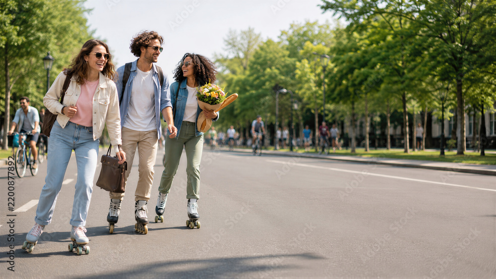 Fototapeta premium Young people on roller skates riding on car free city street. Two women and man skating on green empty road with cyclists in park. World car free day, active eco lifestyle and healthy urban recreation