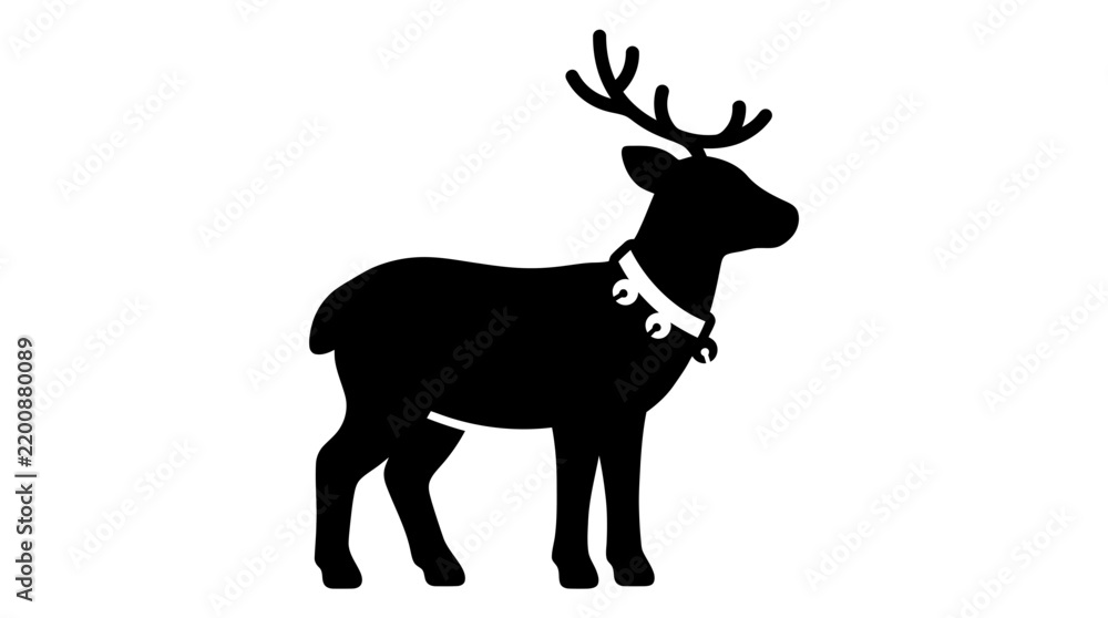 Fototapeta premium Christmas Reindeer Silhouette Vector Icon with Antlers and Jingle Bell Collar