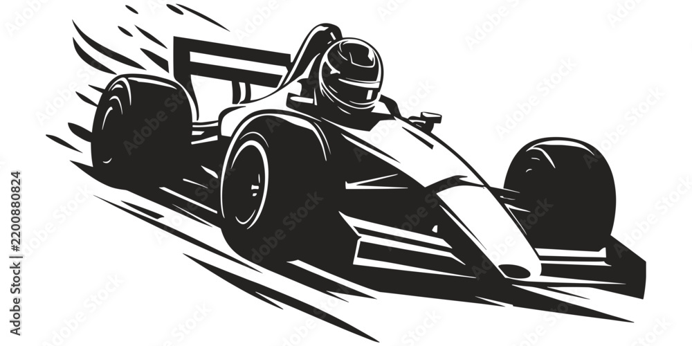 Obraz premium Black silhouette of a formula one race car speeding with motion lines isolated on white background d