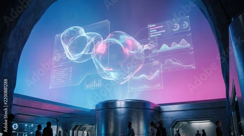 Futuristic Holographic Display with Data Analysis and Abstract Shapes