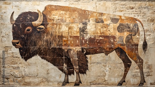 Ancient cave painting mural depicting large bison figure rendered in earth tones on textured stone wall.