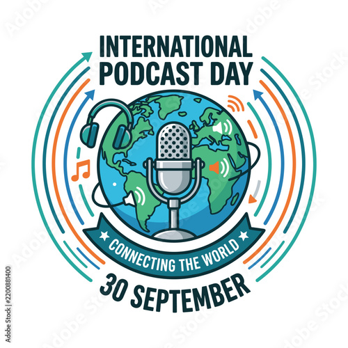 International podcast day emblem with globe and vintage microphone