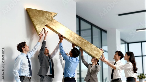 Team lifts golden arrow upward, symbolizing growth and success in modern office.