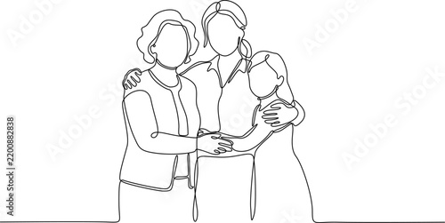 A beautiful continuous line drawing art piece depicting three generations of women including grandmother, mother and daughter hugging each other in love.
