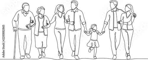 A continuous single line drawing illustration of a happy multi-generational family including grandparents parents and a child walking together in a line.