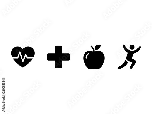 Four black vector health icons representing wellness, medical care, healthy nutrition, and an active lifestyle for infographic