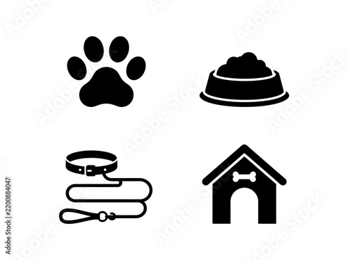 Pet care vector icons sheet featuring paw print bowl collar leash and kennel symbols for veterinary or animal shelter design