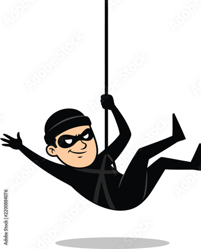 Cartoon burglar wearing a black mask and outfit rappelling down a rope