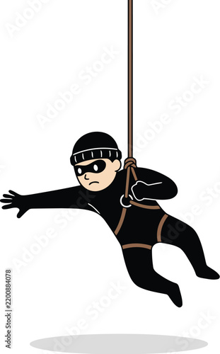 Cartoon burglar wearing a black mask and suit rappelling down on a rope