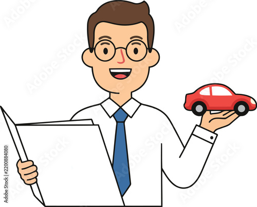Cartoon insurance agent holding a document and a small red car model
