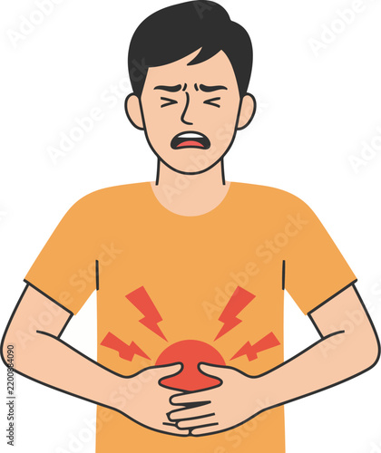 Young man suffering from severe stomach pain holding his abdomen in illustration