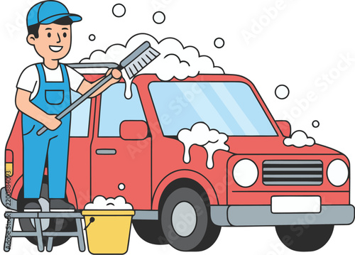 Cartoon car wash worker cleaning a red vehicle with soap and a brush