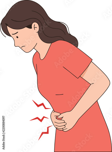 Young woman suffering from severe abdominal pain holding her stomach
