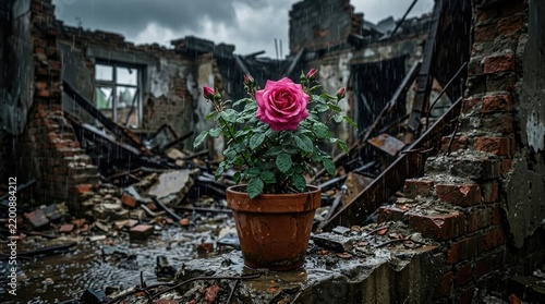Hopeful Pink Rose Blooms Amidst War-Torn Ruined Building in Rain
