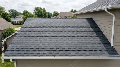 Professional mockup of a new asphalt shingle roof installation on a residential house with copy space
