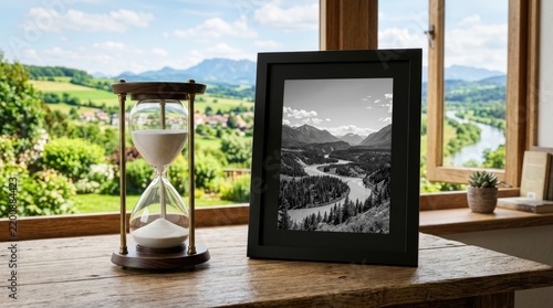 Hourglass and framed landscape photo on windowsill, view of mountains and river