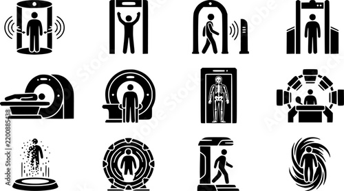 Full body scanner icon set showing human figure inside security portal for airport safety medical imaging and futuristic teleportation technology
