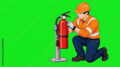 Technician inspecting fire extinguisher in safety gear