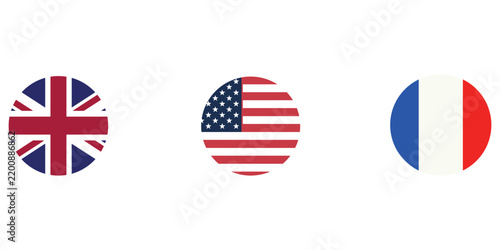 Set of three circular country flag icons featuring united kingdom united states and france international flags usa flag