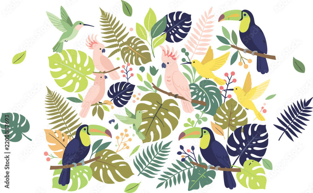 Obraz premium Beautiful tropical birds collection featuring cartoon toucans cockatoos and hummingbirds among exotic jungle leaves vector