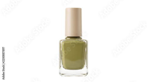 Olive green nail polish bottle, professional manicure lacquer in glass container, earth tone cosmetic product mockup isolated on white background