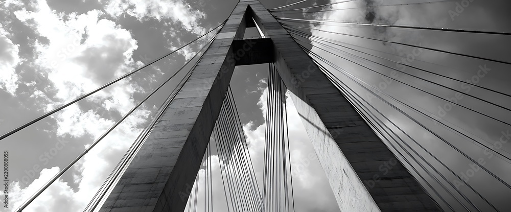 Fototapeta premium Black and white photo of a suspension bridge against a cloudy sky.