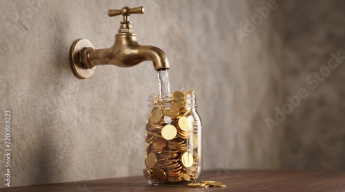 Golden coins flowing from a water faucet into a glass jar for saving wealth.